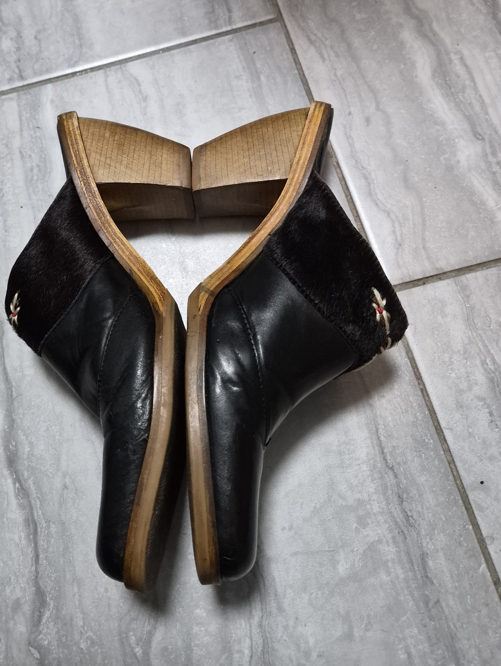 Cloudwalkers Planet Black Leather Mules Western Wooden-Heel Slip-On SZ 9M - Picture 3 of 16
